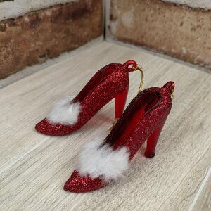 Christmas Red Glitter Glass High Heel Shoe Ornaments 2 1/4 inches long